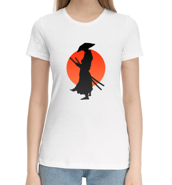 Женская хлопковая футболка с изображением Самурай цвета Белый