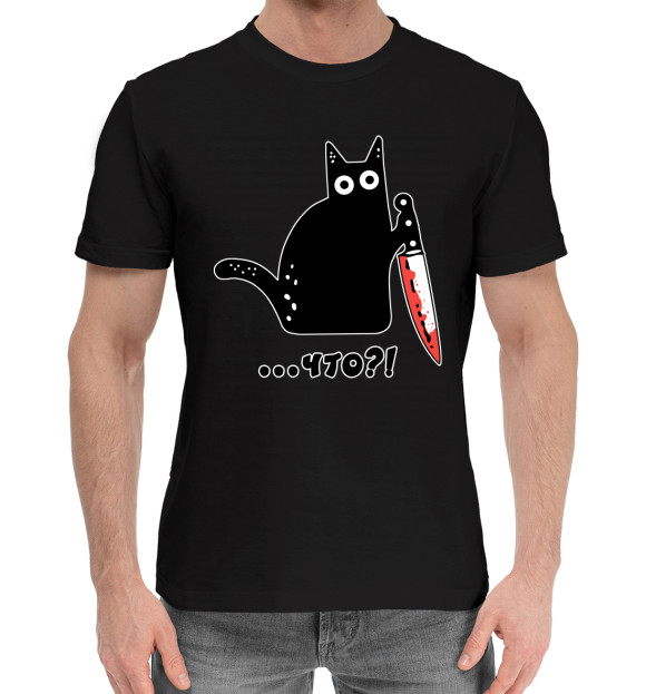 Мужская хлопковая футболка с изображением Милый кот цвета Черный