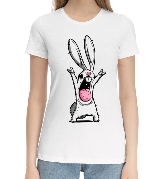 Женская хлопковая футболка с изображением Кролик Рок цвета Белый