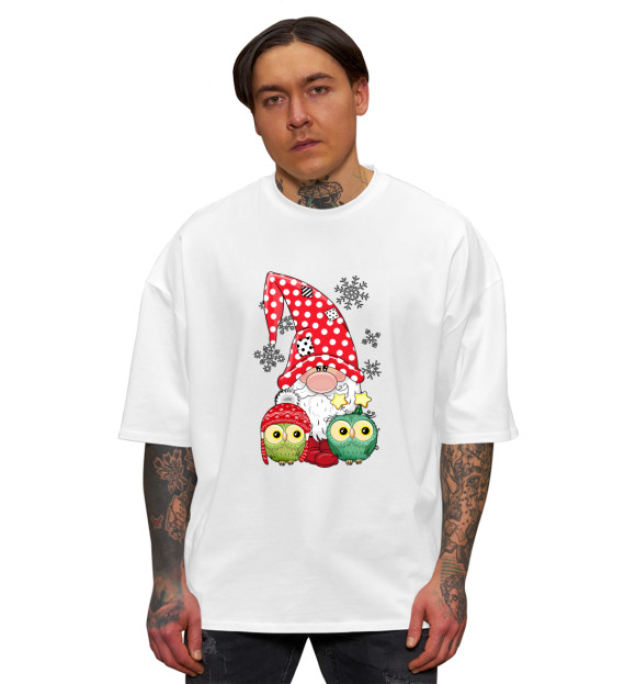 Мужская футболка оверсайз с изображением Новогодние совушки и гном цвета Белый
