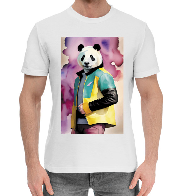 Мужская хлопковая футболка с изображением Чувак-панда в модной куртке цвета Белый