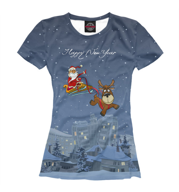Женская футболка с изображением Дед Мороз летит в санях цвета Белый