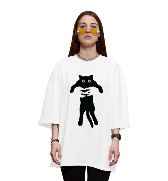 Женская футболка оверсайз с изображением Кот в руках цвета Белый