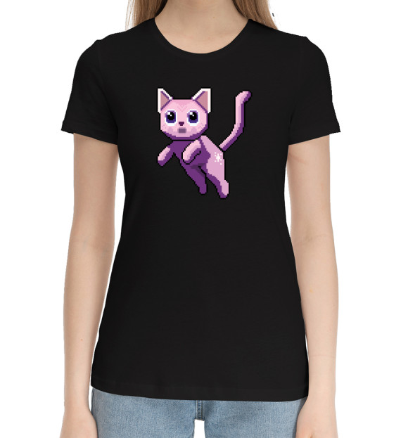 Женская хлопковая футболка с изображением Волшебный кот цвета Черный