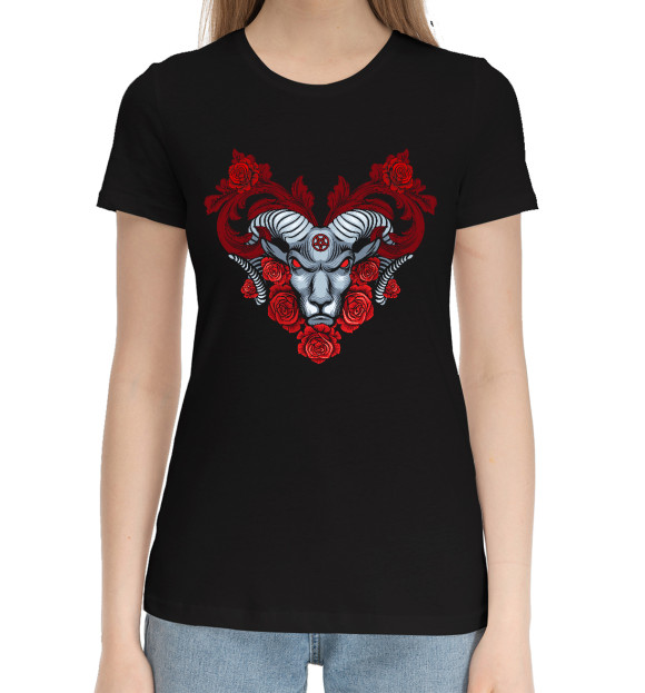 Женская хлопковая футболка с изображением Эзотерический баран с розами цвета Черный
