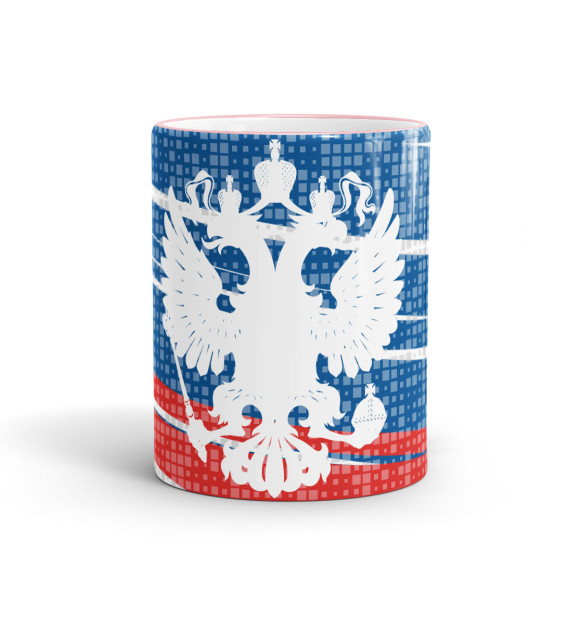 Кружка с изображением Герб России белый на фоне флага цвета розовый