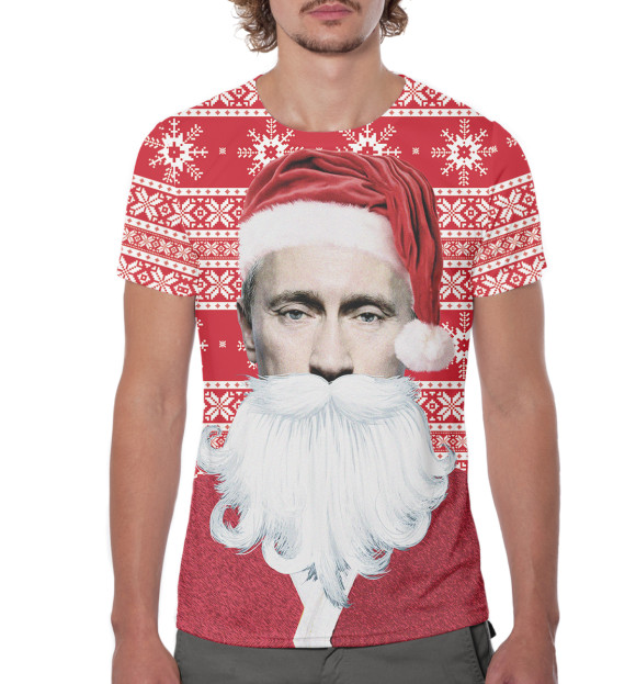 Мужская футболка с изображением Путин Дед Мороз цвета Белый