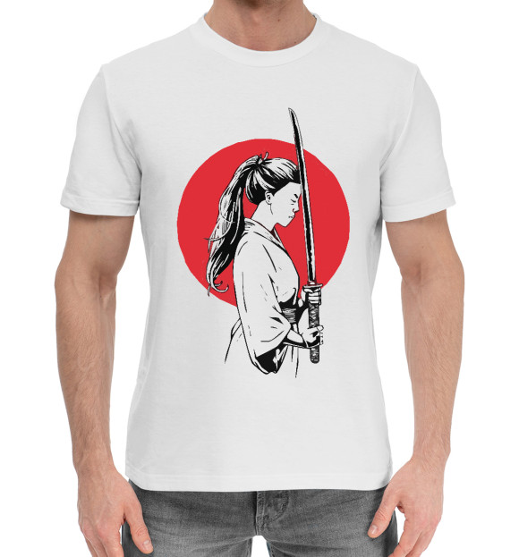 Мужская хлопковая футболка с изображением Япона воительница цвета Белый