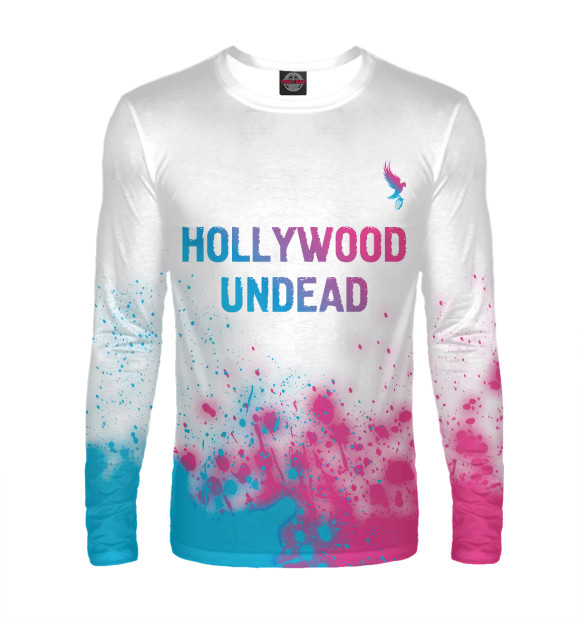 Мужской лонгслив с изображением Hollywood Undead Neon Gradient (брызги) цвета Белый