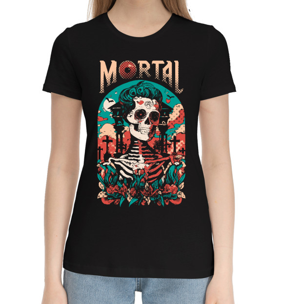 Женская хлопковая футболка с изображением Mortal скелетон цвета Черный