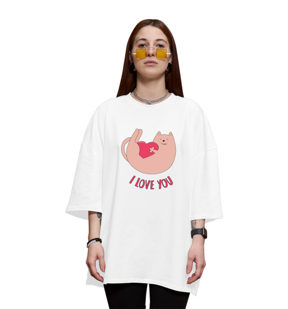 Женская футболка оверсайз с изображением Кот играет с сердцем цвета Белый