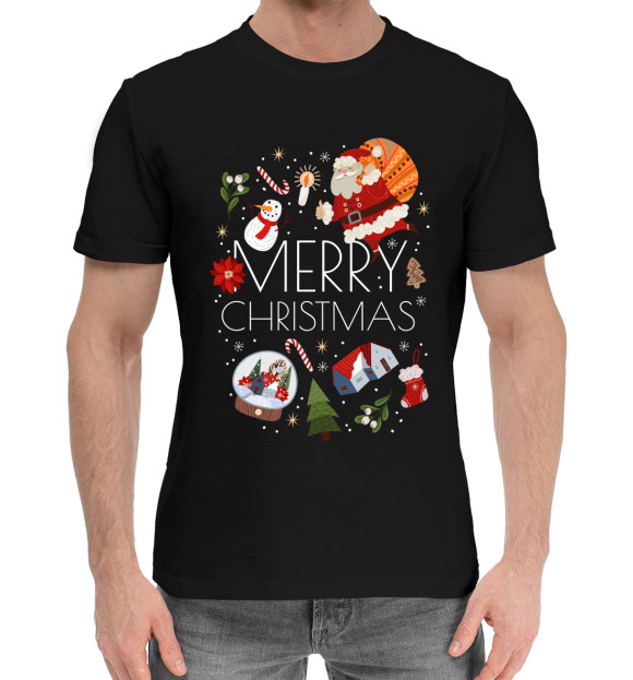 Мужская хлопковая футболка с изображением Merry Christmas цвета Черный