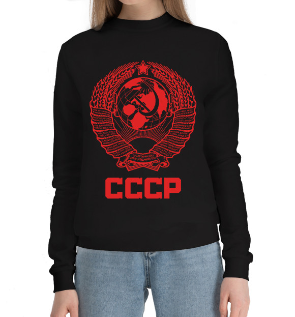 Женский хлопковый свитшот с изображением Герб СССР на красном фоне цвета Черный