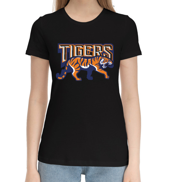 Женская хлопковая футболка с изображением Tigers цвета Черный