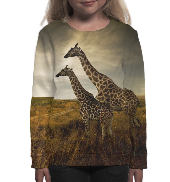 Свитшот для девочек с изображением Жирафы на прогулке цвета Белый
