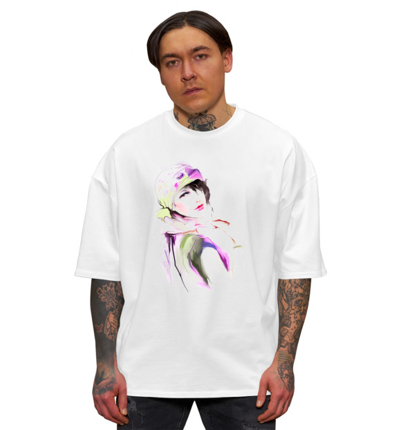 Мужская футболка оверсайз с изображением Девушка скетч цвета Белый