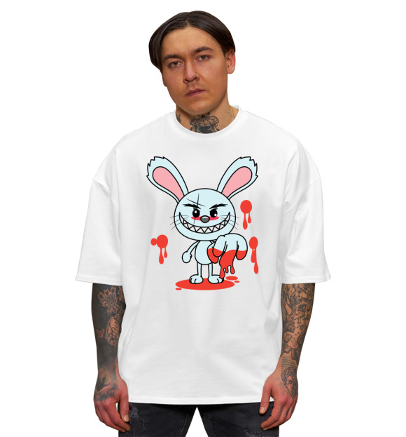 Мужская футболка оверсайз с изображением Кролик маньяк цвета Белый