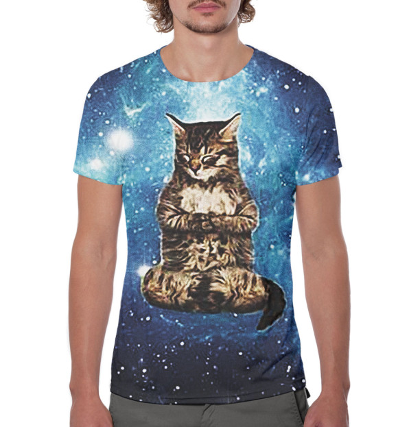 Мужская футболка с изображением Кот в космосе цвета Белый