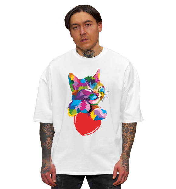 Мужская футболка оверсайз с изображением Радужный котэ цвета Белый