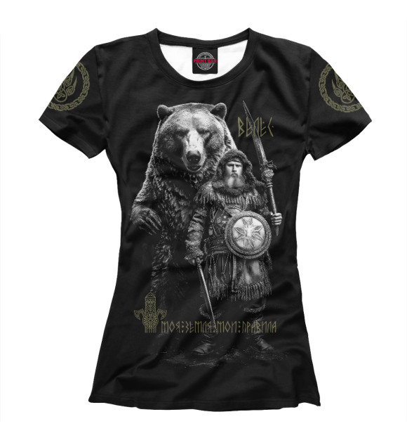 Женская футболка с изображением Велес с медведем цвета Белый