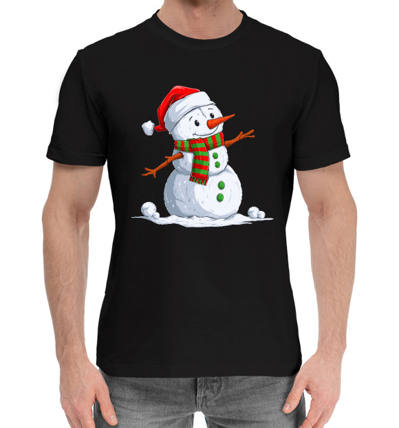 Мужская хлопковая футболка с изображением Веселый Снеговик цвета Черный