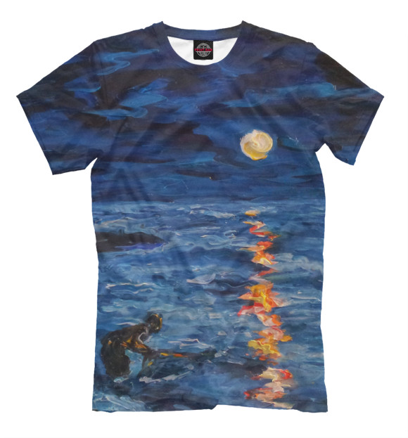 Мужская футболка с изображением Луна и море цвета Молочно-белый