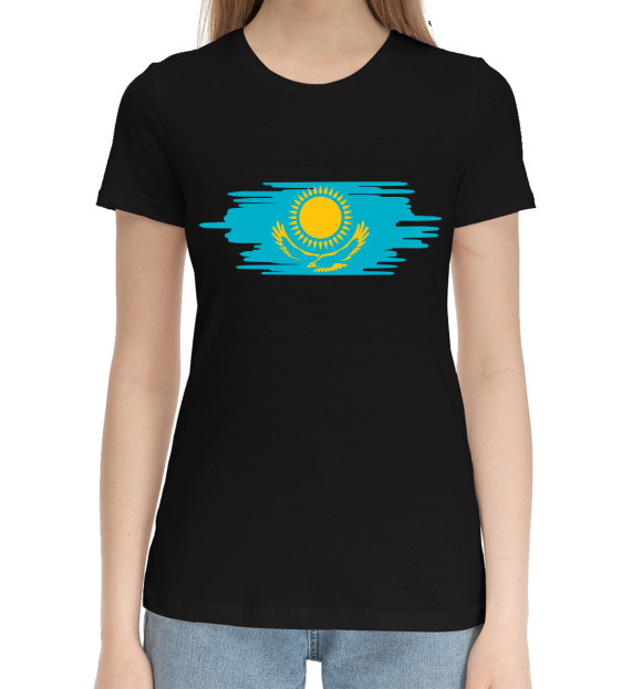 Женская хлопковая футболка с изображением Казахстан цвета Черный