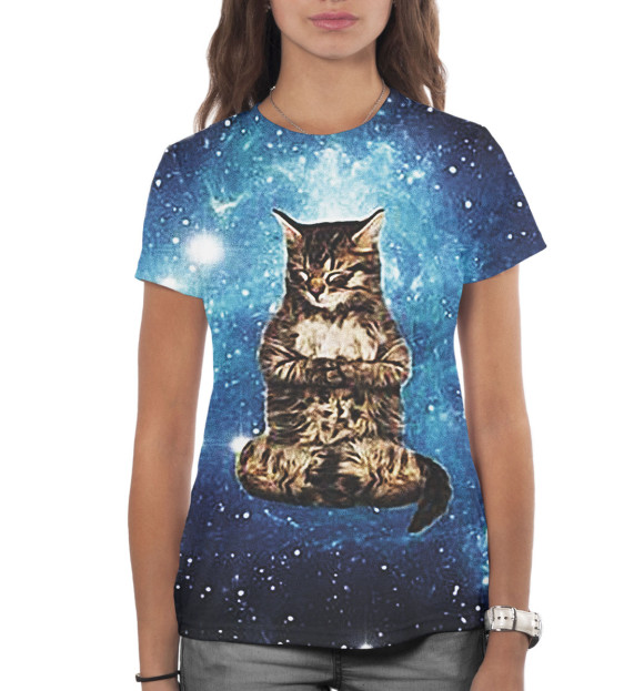 Женская футболка с изображением Кот в космосе цвета Белый