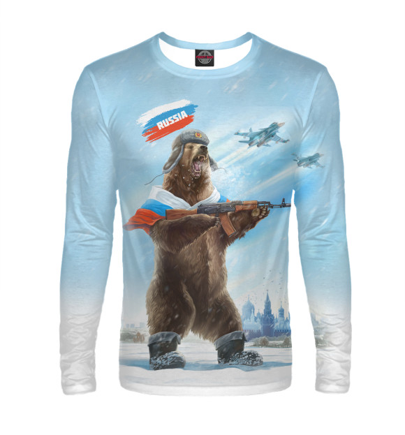 Мужской лонгслив с изображением Русский медведь с калашом цвета Белый