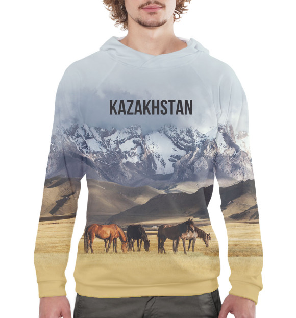 Мужское худи с изображением Kazakhstan цвета Белый