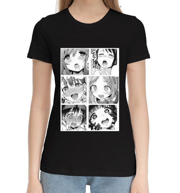 Женская хлопковая футболка с изображением Ahegao цвета Черный