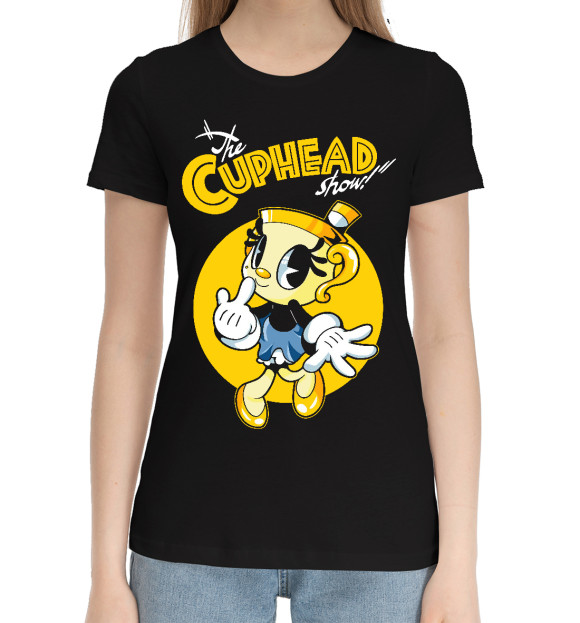 Женская хлопковая футболка с изображением The Cuphead show! Chalice цвета Черный