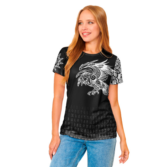 Женская футболка с изображением Славянский ворон цвета Белый