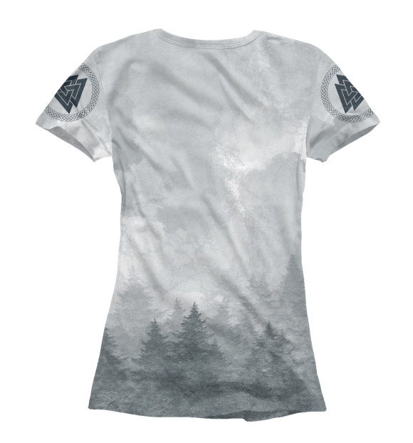Женская футболка с изображением Волк на фоне леса с символикой валькнут цвета Белый