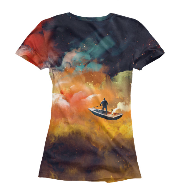 Женская футболка с изображением Человек на лодке в космосе цвета Белый