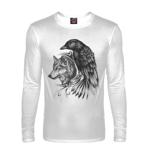 Мужской лонгслив с изображением Волк и ворон цвета Белый