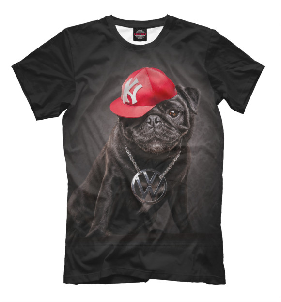 Мужская футболка с изображением Мопс в бейсболке цвета Черный