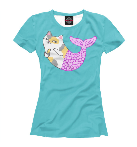 Женская футболка с изображением Котик - русалка цвета Белый