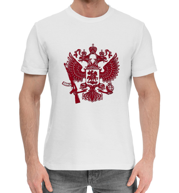 Мужская хлопковая футболка с изображением Герб РФ с автоматом цвета Белый