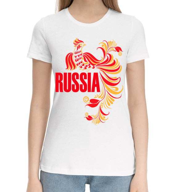 Женская хлопковая футболка с изображением Россия цвета Белый