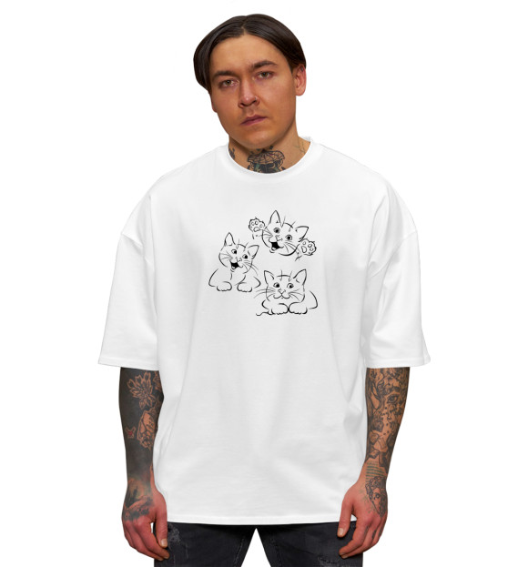 Мужская футболка оверсайз с изображением Веселые котики цвета Белый