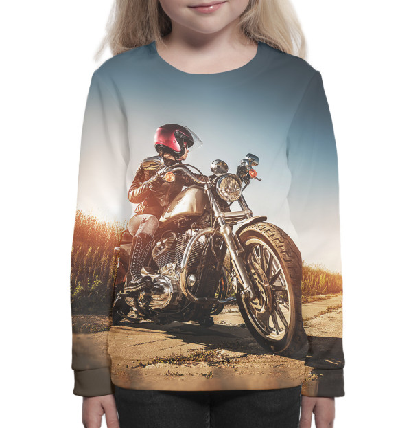 Свитшот для девочек с изображением Девушка на мотоцикле цвета Белый