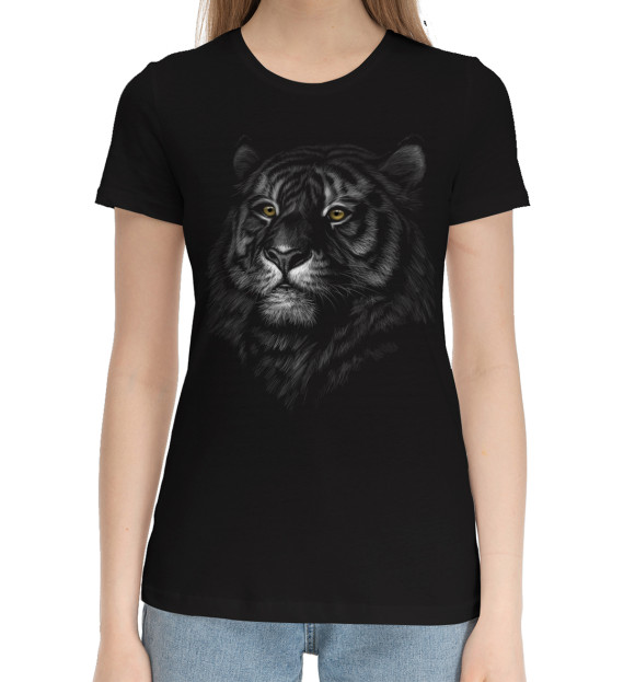 Женская хлопковая футболка с изображением Хищные кошки цвета Черный
