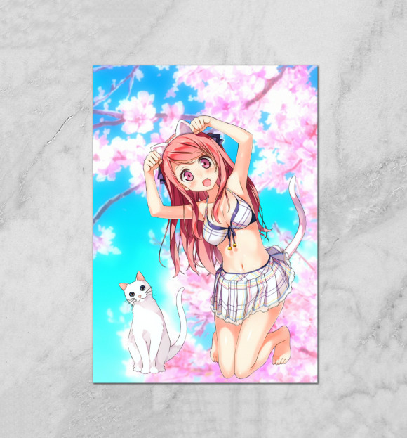 Плакат с изображением Девочка и котик цвета Белый