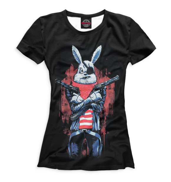 Женская футболка с изображением Кролик с пистолетом цвета Белый
