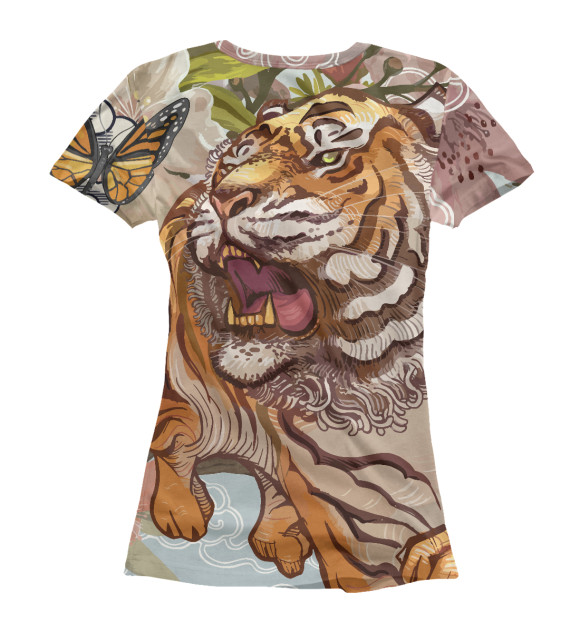 Женская футболка с изображением Тигр в садах сакуры цвета Белый