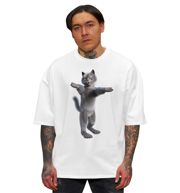 Мужская футболка оверсайз с изображением Радушный кот цвета Белый
