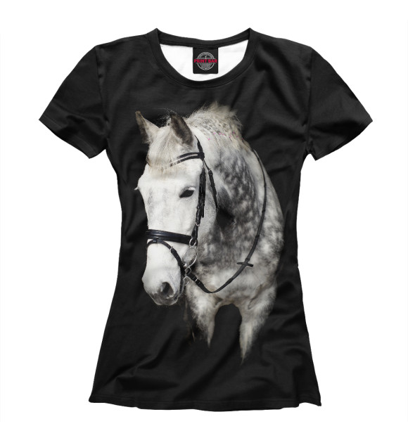 Женская футболка с изображением Серый в яблоках конь цвета Белый