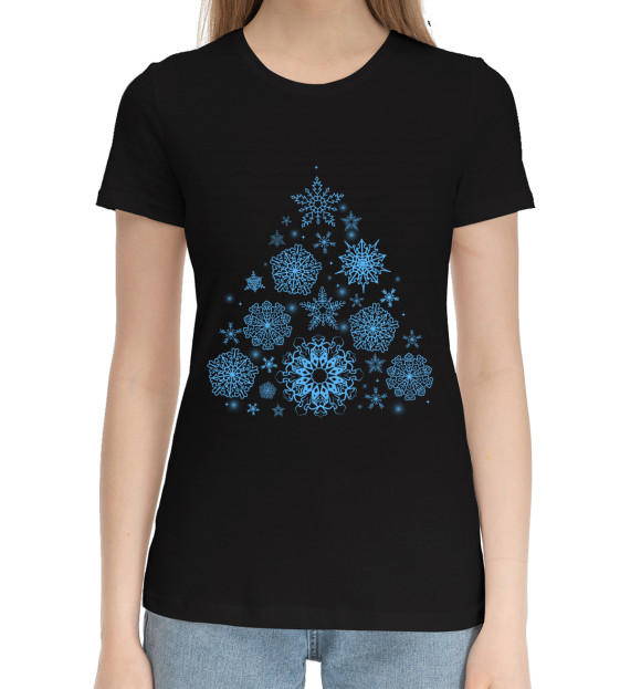 Женская хлопковая футболка с изображением Снежинки цвета Черный