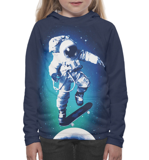 Худи для девочки с изображением Космонавт-скейтер цвета Белый